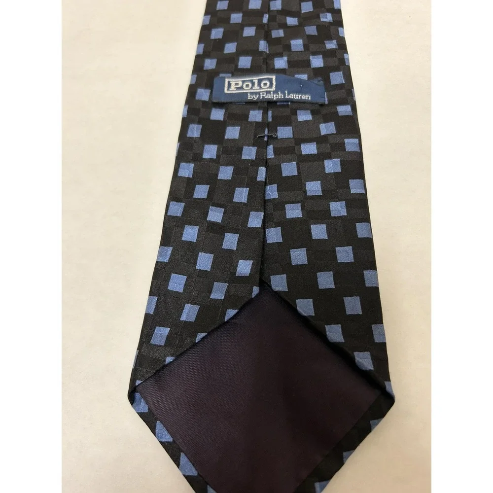 Polo Ralph Lauren Mens Hand Made in USA Squares Print‎ Silk Tie Black Blue